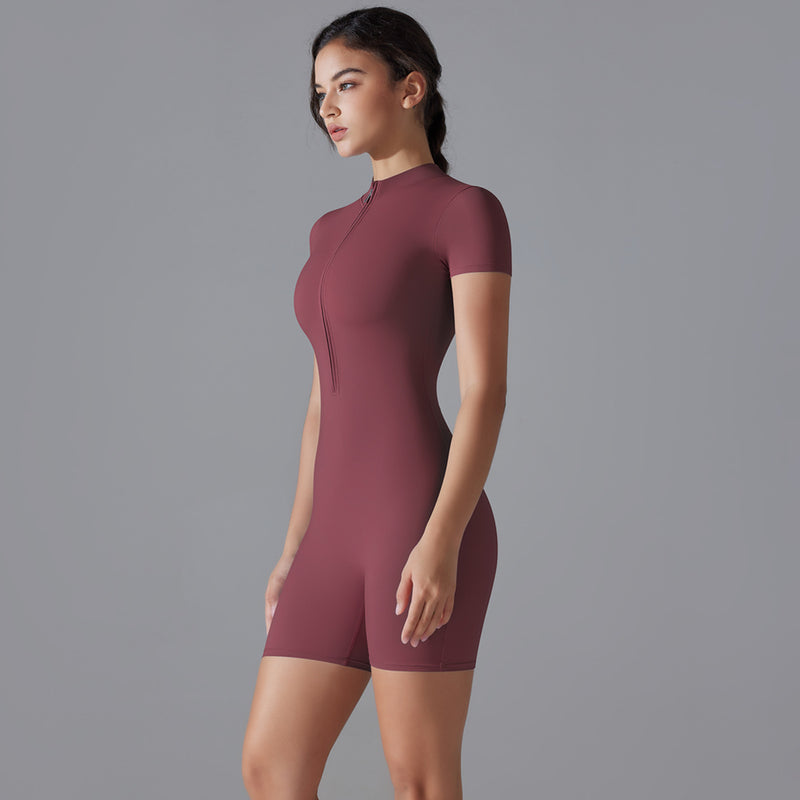 Summer Zipper Short-sleeved Shorts Jumpsuit Yoga Fitness Dance Slim Sports Bodysuit Women Sports Clothing