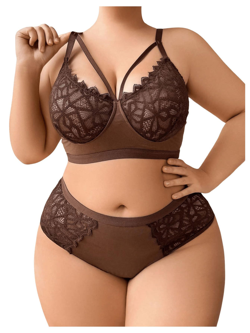 SOLY HUX Plus Size Lace Lingerie Set for Women 2 Piece Push Up Bra and Panty Sets Bra Underwear Sleepwear Coffee Brown 2XL
