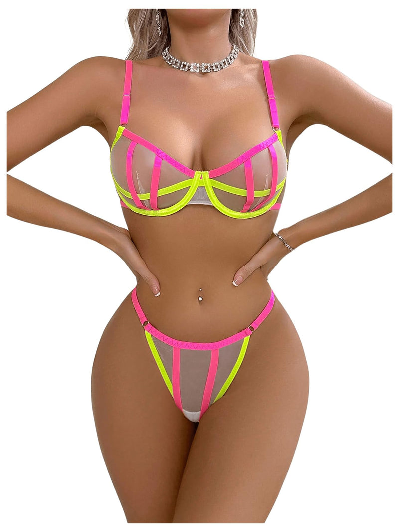 SOLY HUX Womens Sexy Lingerie Set Sheer Mesh Cutout Bra and Panty Underwear Sets Neon Yellow Pink X-Large