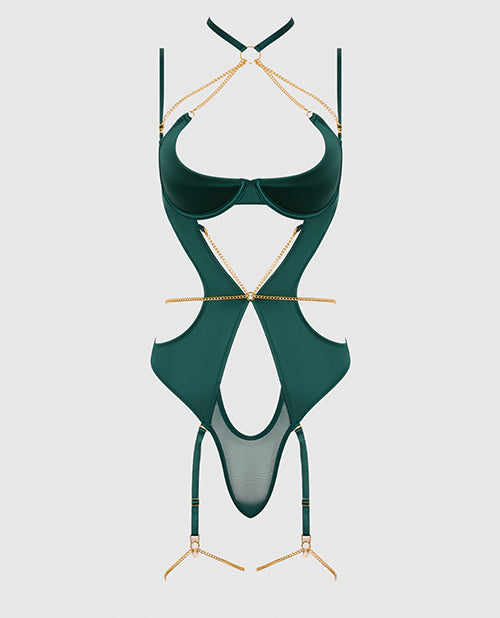 Evangeline Satin & Chain Halter Teddy - Green 1X/2X