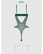 Evangeline Satin & Chain Halter Teddy - Green 1X/2X