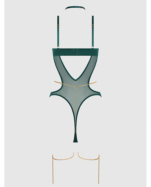 Evangeline Satin & Chain Halter Teddy - Green 1X/2X