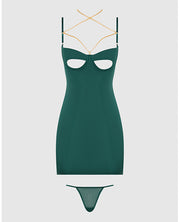 Evangeline Satin & Chain Open Cup & Back Chemise & G-String Set - Green MD