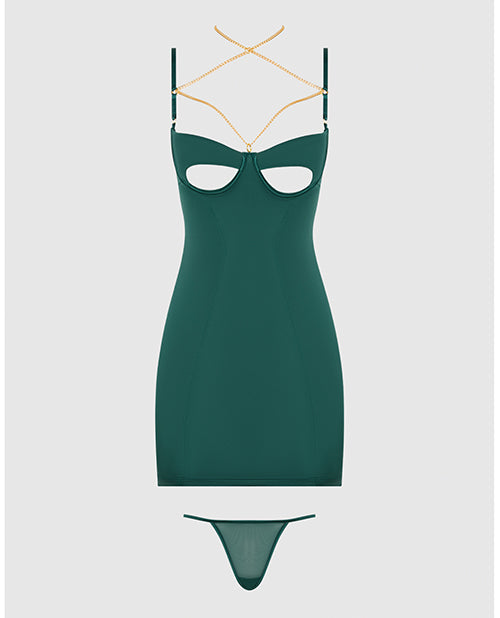 Evangeline Satin & Chain Open Cup & Back Chemise & G-String Set - Green MD