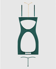 Evangeline Satin & Chain Open Cup & Back Chemise & G-String Set - Green MD