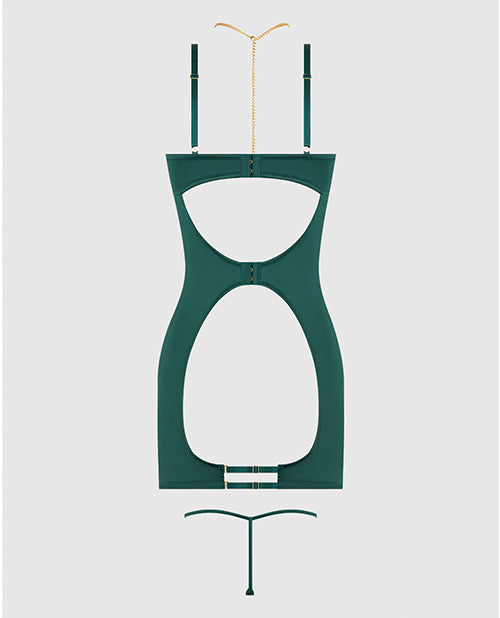 Evangeline Satin & Chain Open Cup & Back Chemise & G-String Set - Green MD
