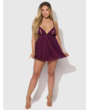 Yasmine Shimmer Mesh O-Ring Slit Cup Babydoll & G-String Set - Burgundy LG
