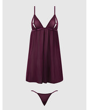 Yasmine Shimmer Mesh O-Ring Slit Cup Babydoll & G-String Set - Burgundy LG