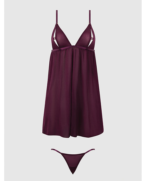 Yasmine Shimmer Mesh O-Ring Slit Cup Babydoll & G-String Set - Burgundy MD