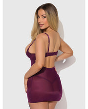 Yasmine Shimmer Mesh O-Ring Thigh Garter Chemise & G-String Set - Burgundy MD