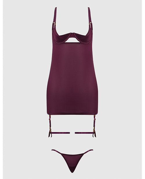 Yasmine Shimmer Mesh O-Ring Thigh Garter Chemise & G-String Set - Burgundy MD