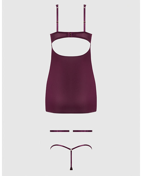 Yasmine Shimmer Mesh O-Ring Thigh Garter Chemise & G-String Set - Burgundy MD