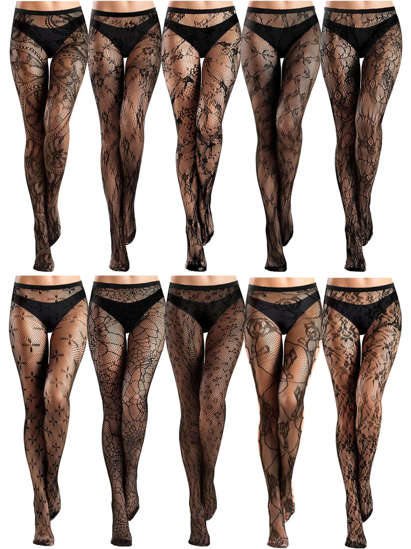 Ramede 10 Pairs Fishnet Thigh High Stockings for Women Goth Fish Nets Lace Mesh Tights High Waist Fishnet Leggings Pantyhose(M)