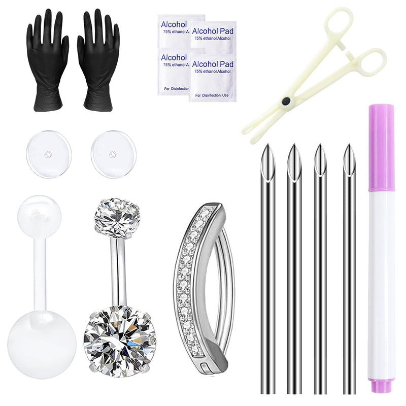 Vessantara Belly Button Piercing Kit - 17 Pcs Belly Piercing Kit Disposable 12G 13G Body Piercing Needles with Belly Button Rings Clamps (CK - Navel Jewelry)