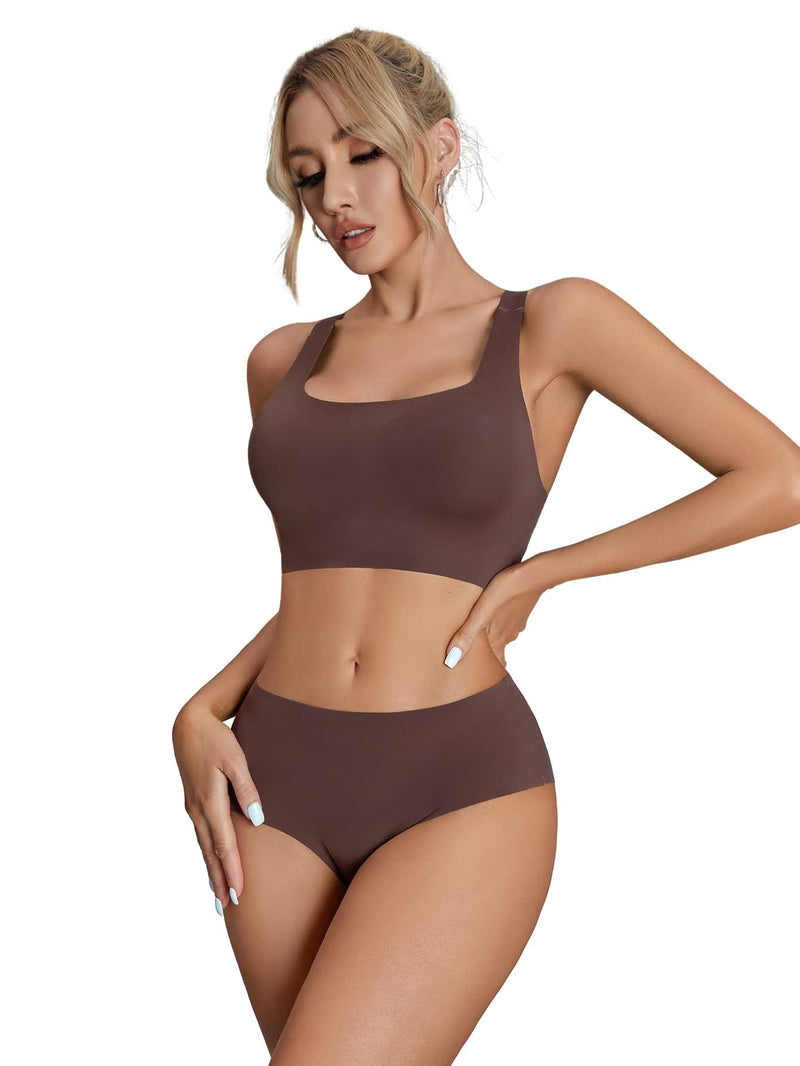 SHENHE Womens 2 Piece Seamless No Show Lingerie Set Racerback Bra And High Waisted Underwear Coffee Brown XL