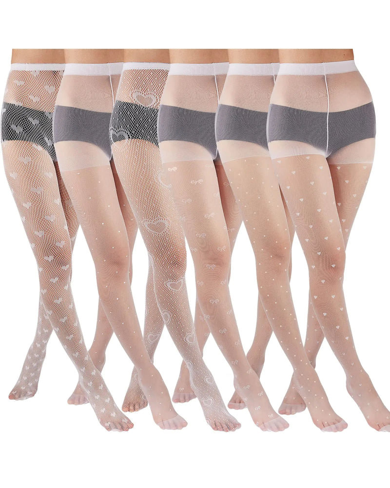 Eurzom 6 Pairs Heart Fishnet Tights Valentines Day Tights Polka Dot Stockings High Waist Pantyhose Leggings for Women(White)