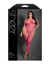 Sheer Next To You Crotchless Geometric Fishnet Teddy Bodystocking - Neon Pink QN