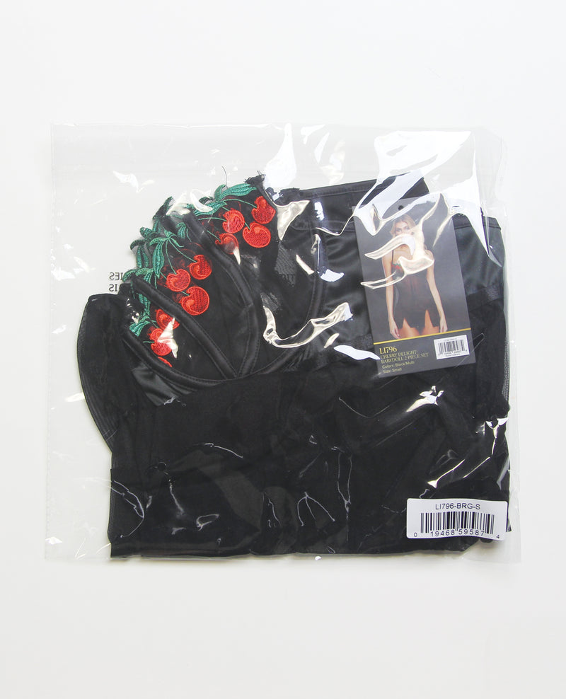 Cherry Delight Embroidered Lace and Mesh Babydoll w/Balconette Cup & Thong 2 pc Set - Black SM