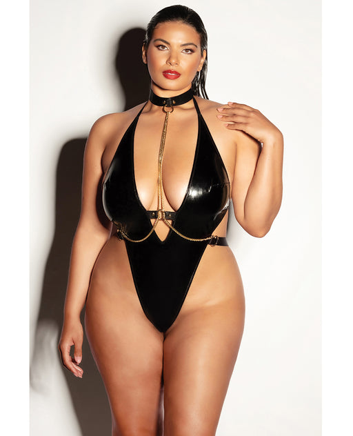 FETISH Submissive V-Plunge Vinyl Teddy w/Removable Chain Harness & Hand Cuff Black 1X/2X