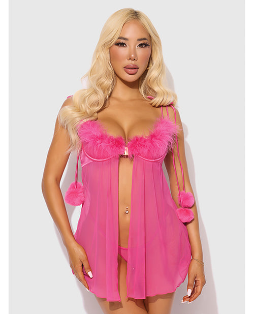 Marilyn Marabou & Mesh Babydoll & G-String Set - Pink MD