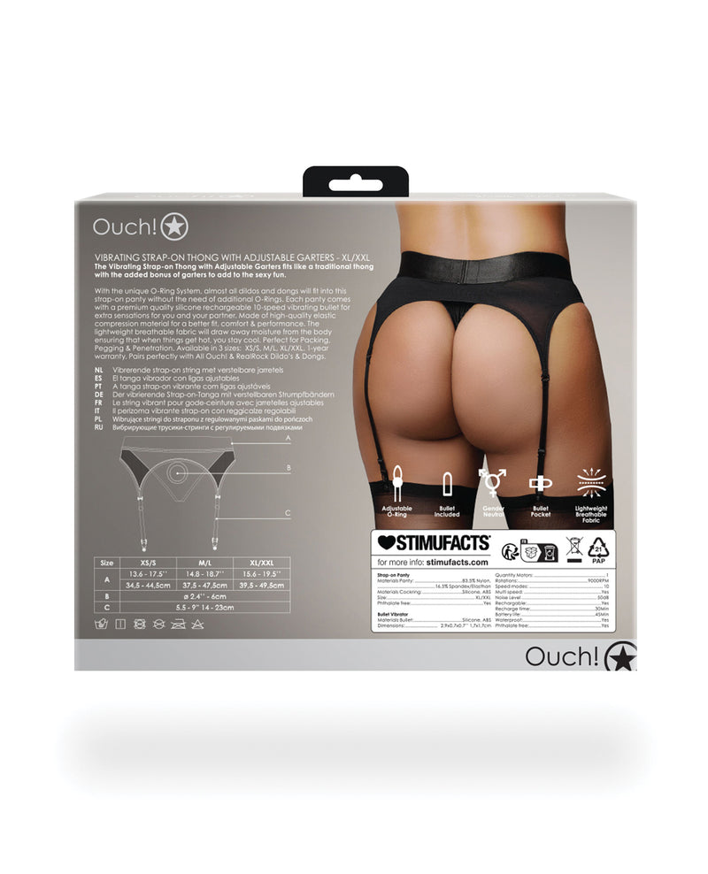 Shots Ouch Vibrating Strap On Thong w/Adjustable Garters - Black XL/XXL