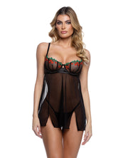 Cherry Delight Embroidered Lace and Mesh Babydoll w/Balconette Cup & Thong 2 pc Set - Black SM