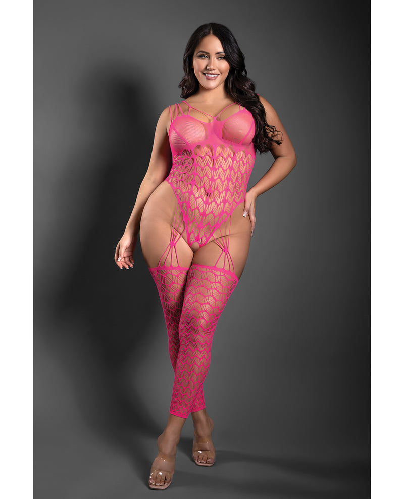 Sheer Next To You Crotchless Geometric Fishnet Teddy Bodystocking - Neon Pink QN