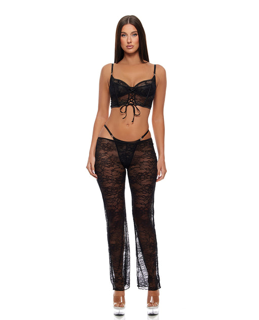 Layer of Seduction Lace Bra, Thong, & Pants 3 pc Set - Black LG