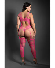 Sheer Next To You Crotchless Geometric Fishnet Teddy Bodystocking - Neon Pink QN