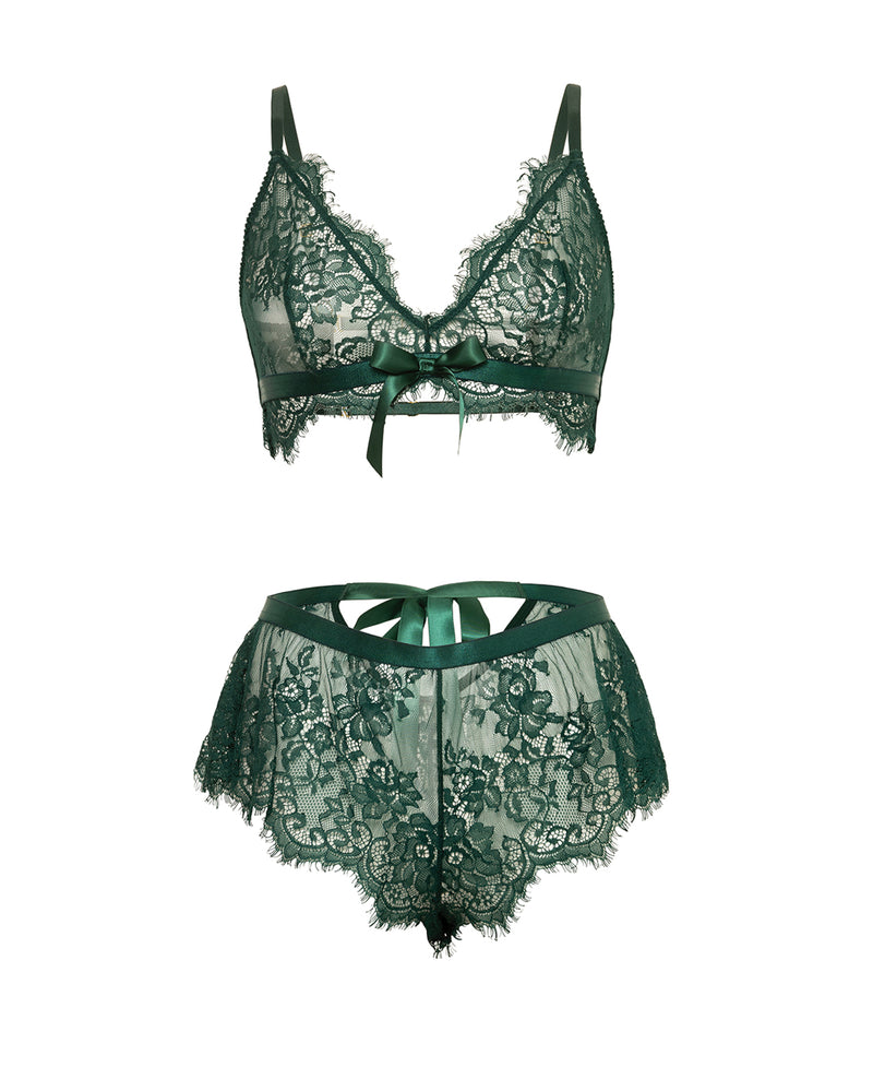 Cami Lace Bralette w/Tap Shortie - Green S/M
