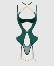 Evangeline Satin & Chain Halter Teddy - Green MD